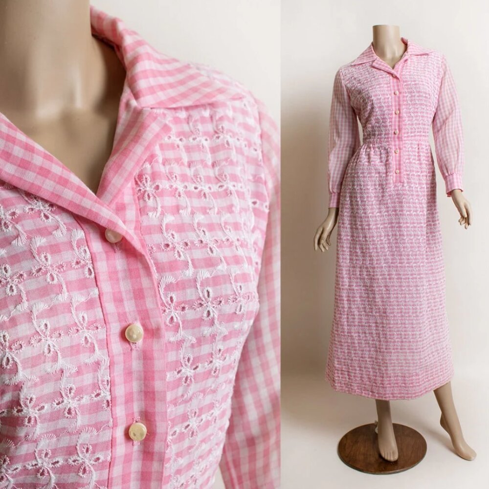 Vintage 1970s Pink Gingham Maxi Dress Prairie 70s Long Sleeve Cotton